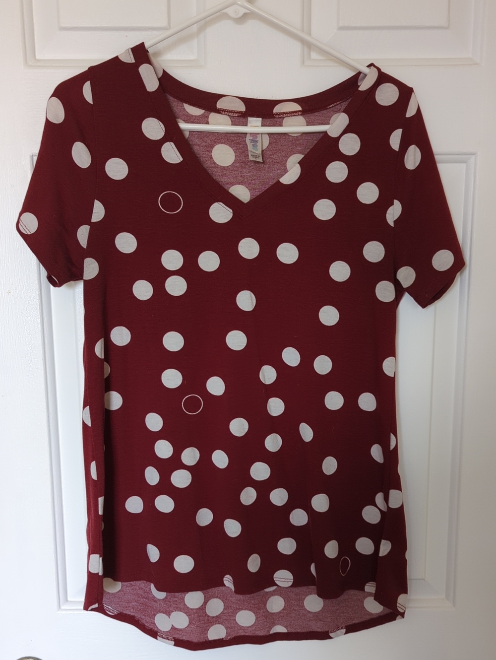 LuLaRoe Red and White Polka Dot V-Neck Short Sleeve Tee